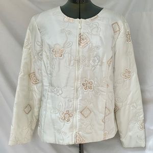 Ruby Rd satin zippered jacket embroidery & sequins cream colored size 16